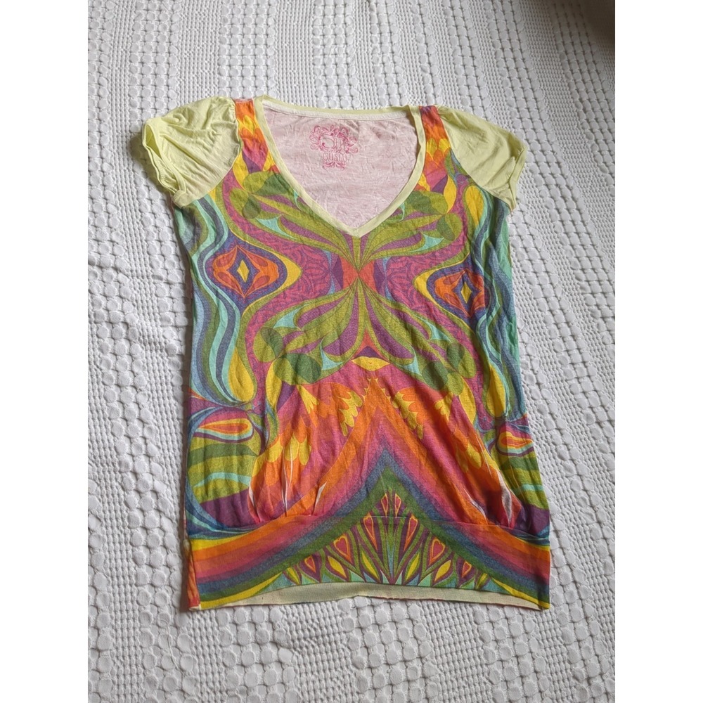Custo Barcelona Hippie Psychedelic Mod Retro Short Cap Sleeve Multicolor Small